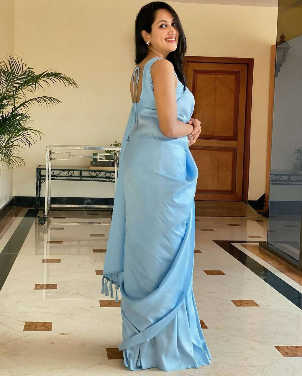 DEIANA'S Beautiful Designer Golden zari Soft Lichi Silk Saree - Sky | Grocsy