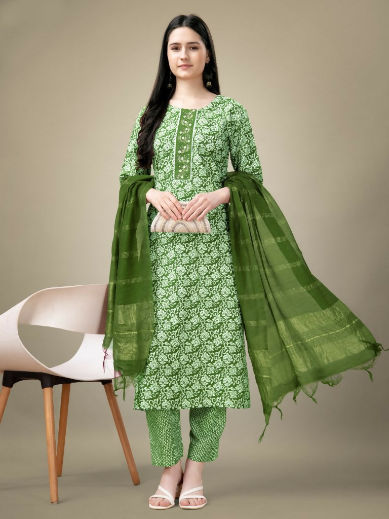 Jyoti Fashion Women's Green Rayon Embroidery & Sequence work Kurta with Trouser & Dupatta | Grocsy