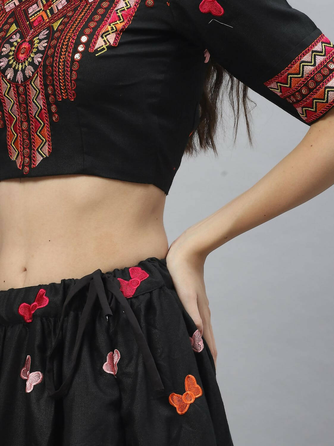 Black Cotton Embroidered Work Lehenga Choli with Dupatta - Jivika | Grocsy