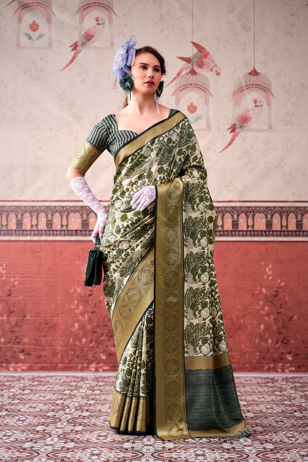 Vastranavya Mehendi Tussar Silk Printed with Viscose Border Saree & Unstitched Blouse | Grocsy
