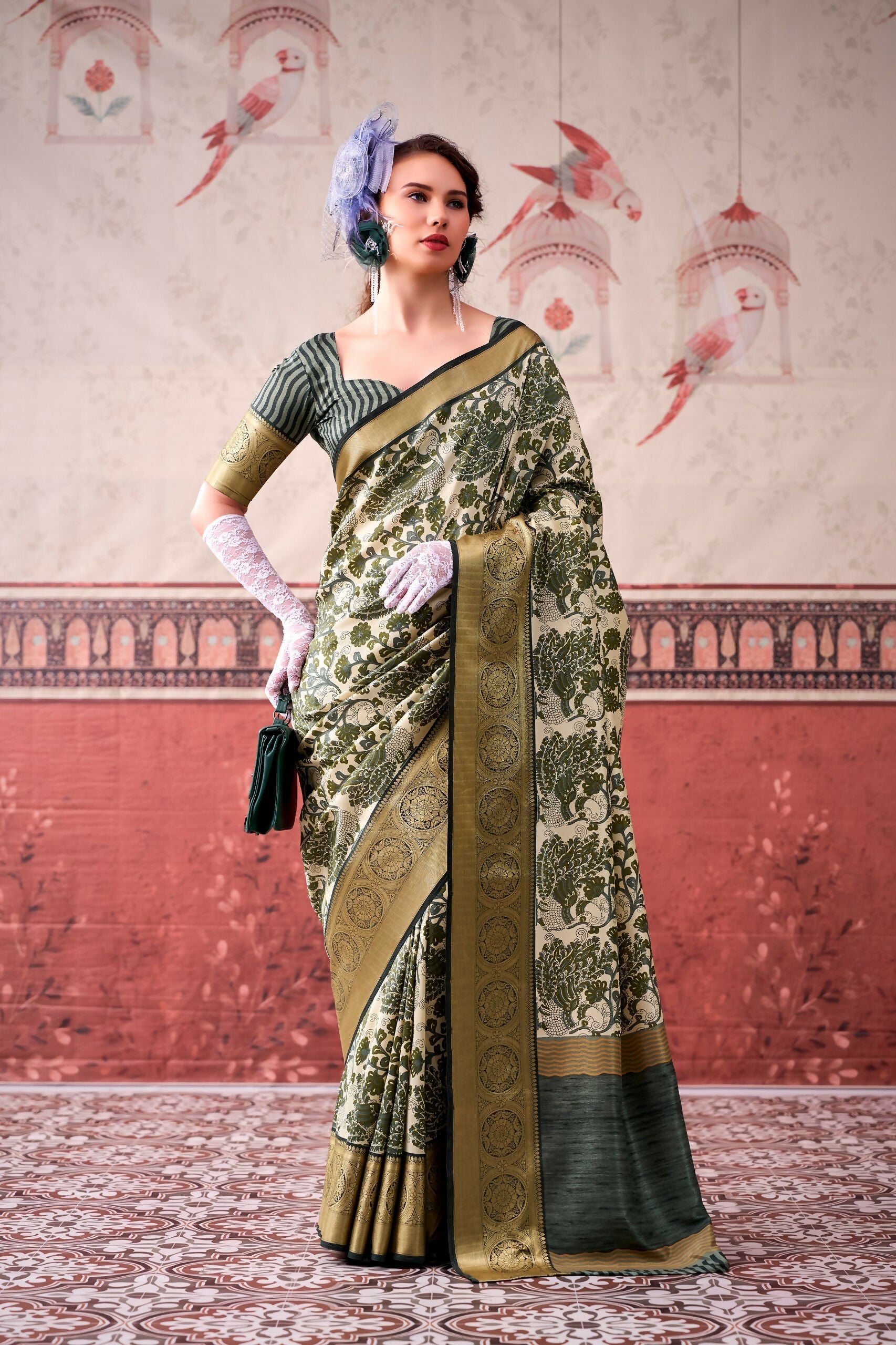 Vastranavya Mehendi Tussar Silk Printed with Viscose Border Saree & Unstitched Blouse | Grocsy