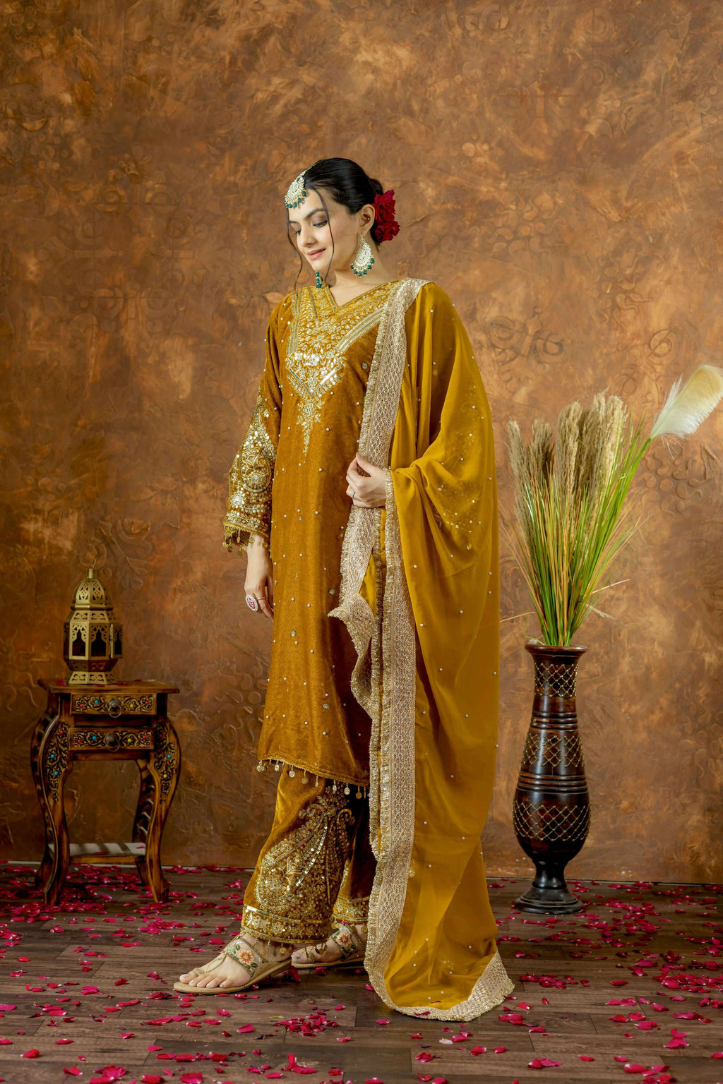Joban Fashion Mustard Gold Velvet Embroidery Kurta Set | Grocsy