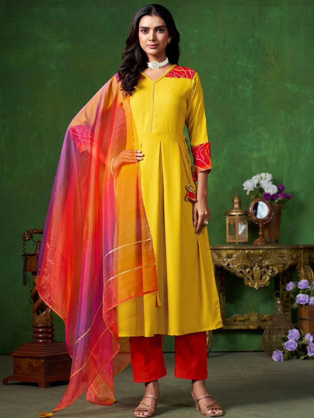 Sangria Yellow V-Neck Three-Quarter Sleeves Regular Gotta Patti Anarkali Kurta & Dupatta | Grocsy