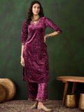 Sangria Embroidered Straight Velvet Kurta | Grocsy