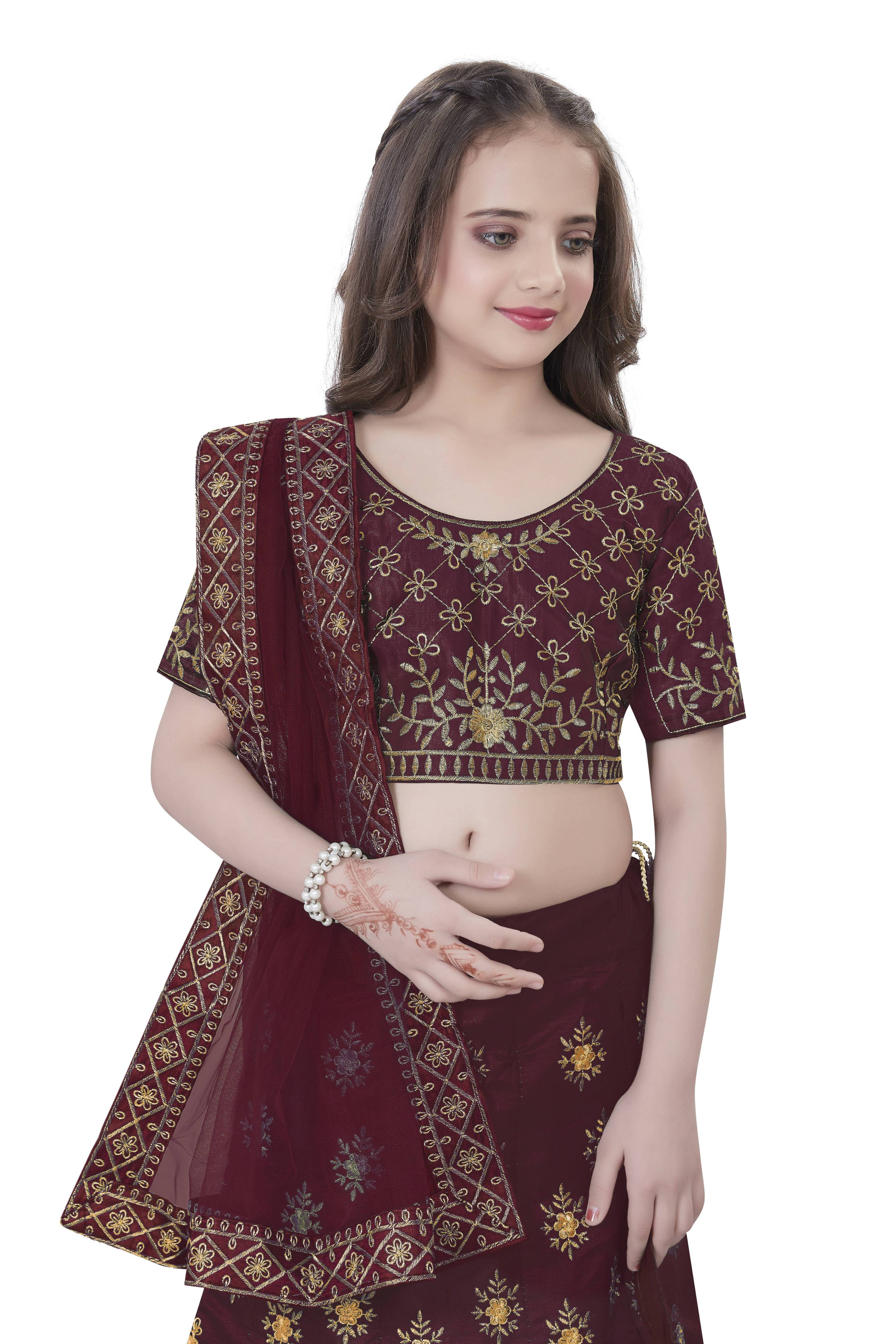 Dwiden Maroon Lehriyu Tafetta Sattin Semi-Stitched Girl's Lehenga Choli | Grocsy