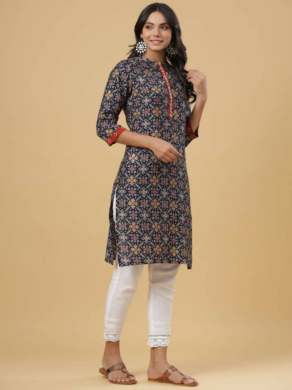 Juniper Women's Navy Printed Straight Knee Length Kurta | Grocsy