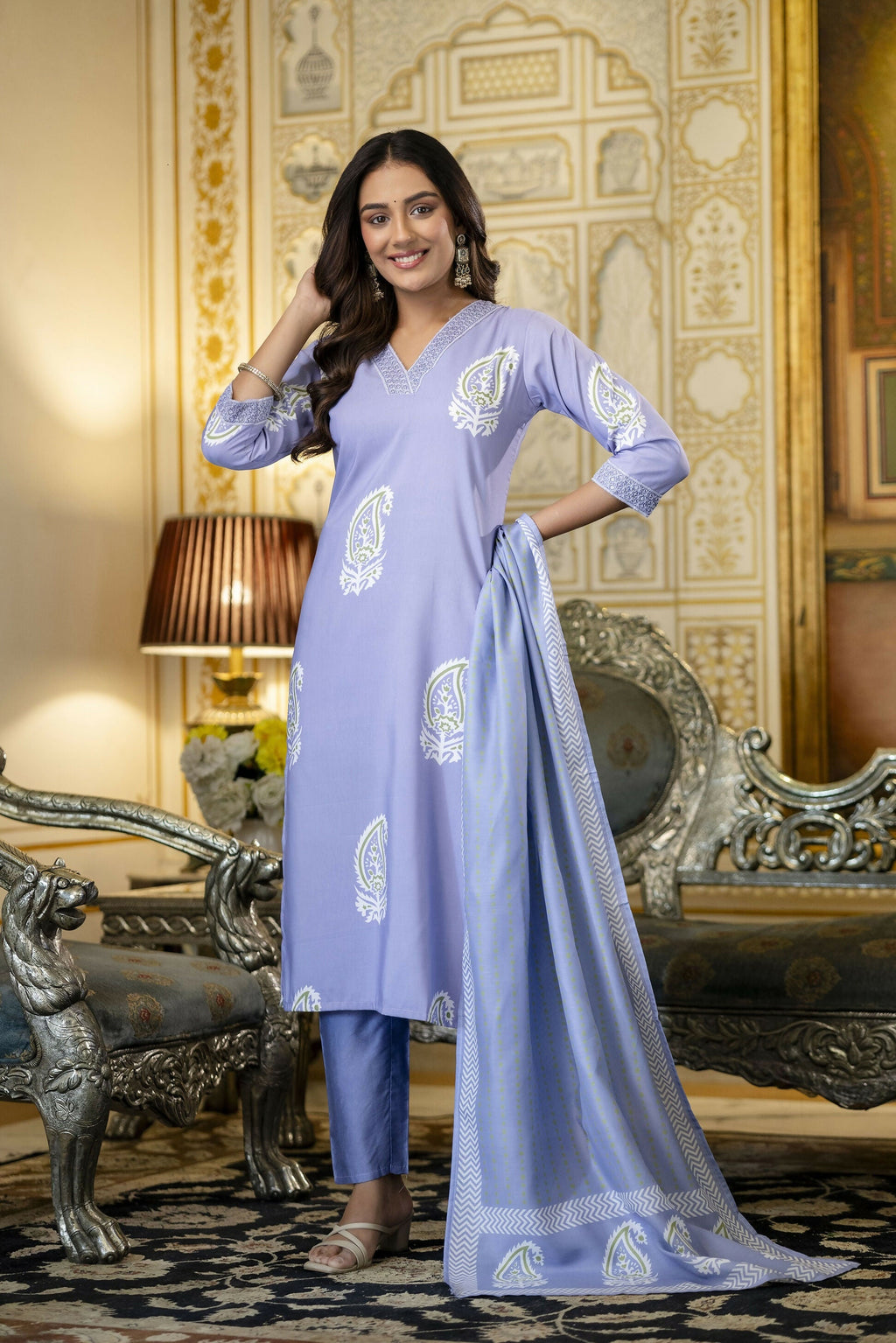 The52 Women's Beautiful Rayon Fabric Printed Work Straight Kurta Pant and Dupatta Set | Grocsy