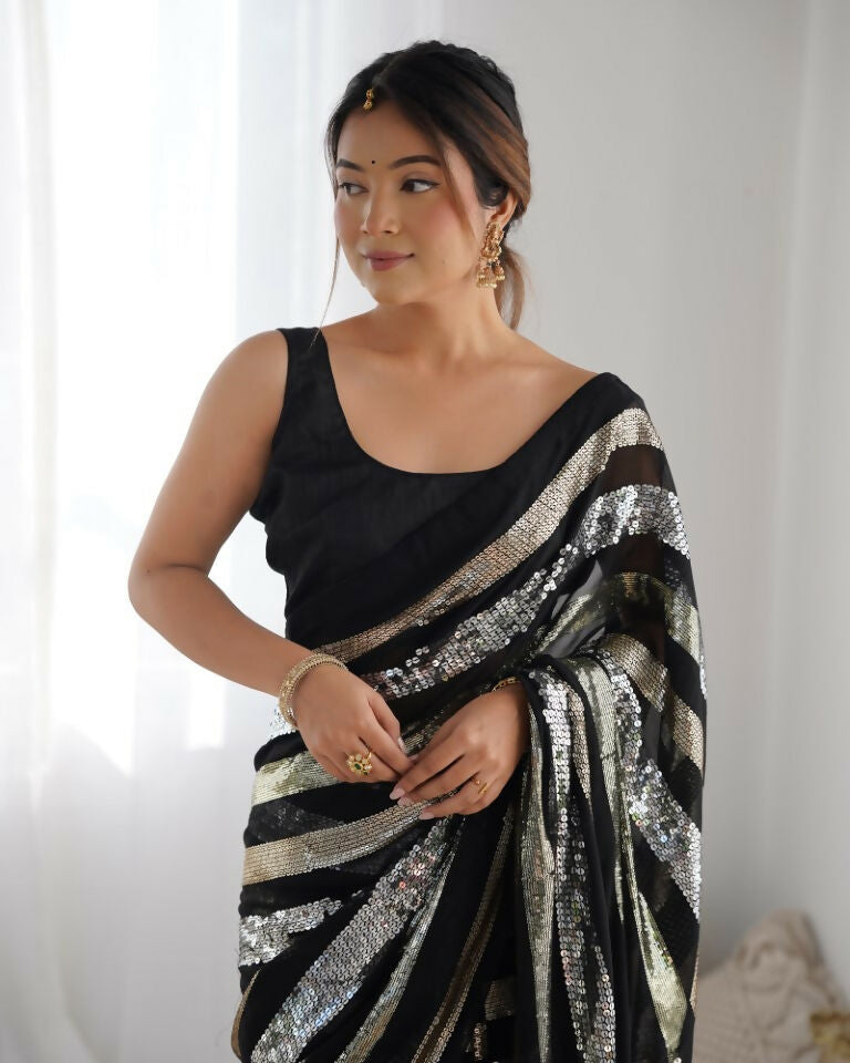 Black Georgette Sequance Embroidery Work Border Saree - Sitare | Grocsy