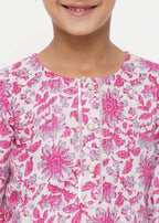 Little Bansi Boys Cotton Floral Kurta with Pearl Buttons & Pyjama in Pink & Cream | Grocsy