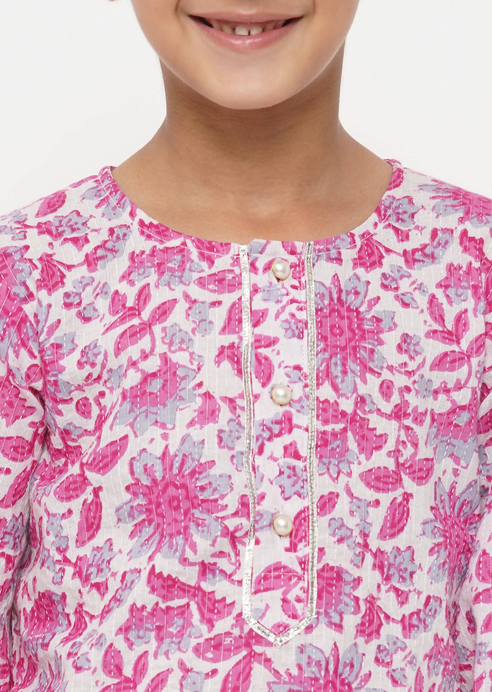 Little Bansi Boys Cotton Floral Kurta with Pearl Buttons & Pyjama in Pink & Cream | Grocsy