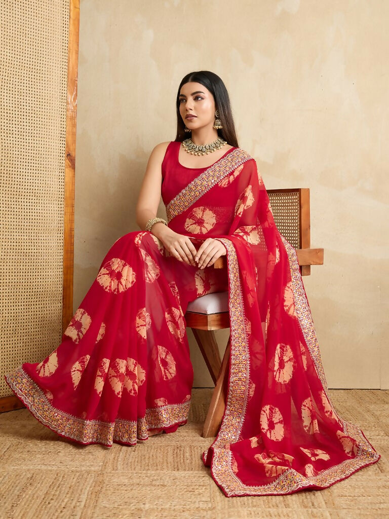 Red Georgette Printed Designer, Embroidery Work Lace Border Saree - Aarvi | Grocsy