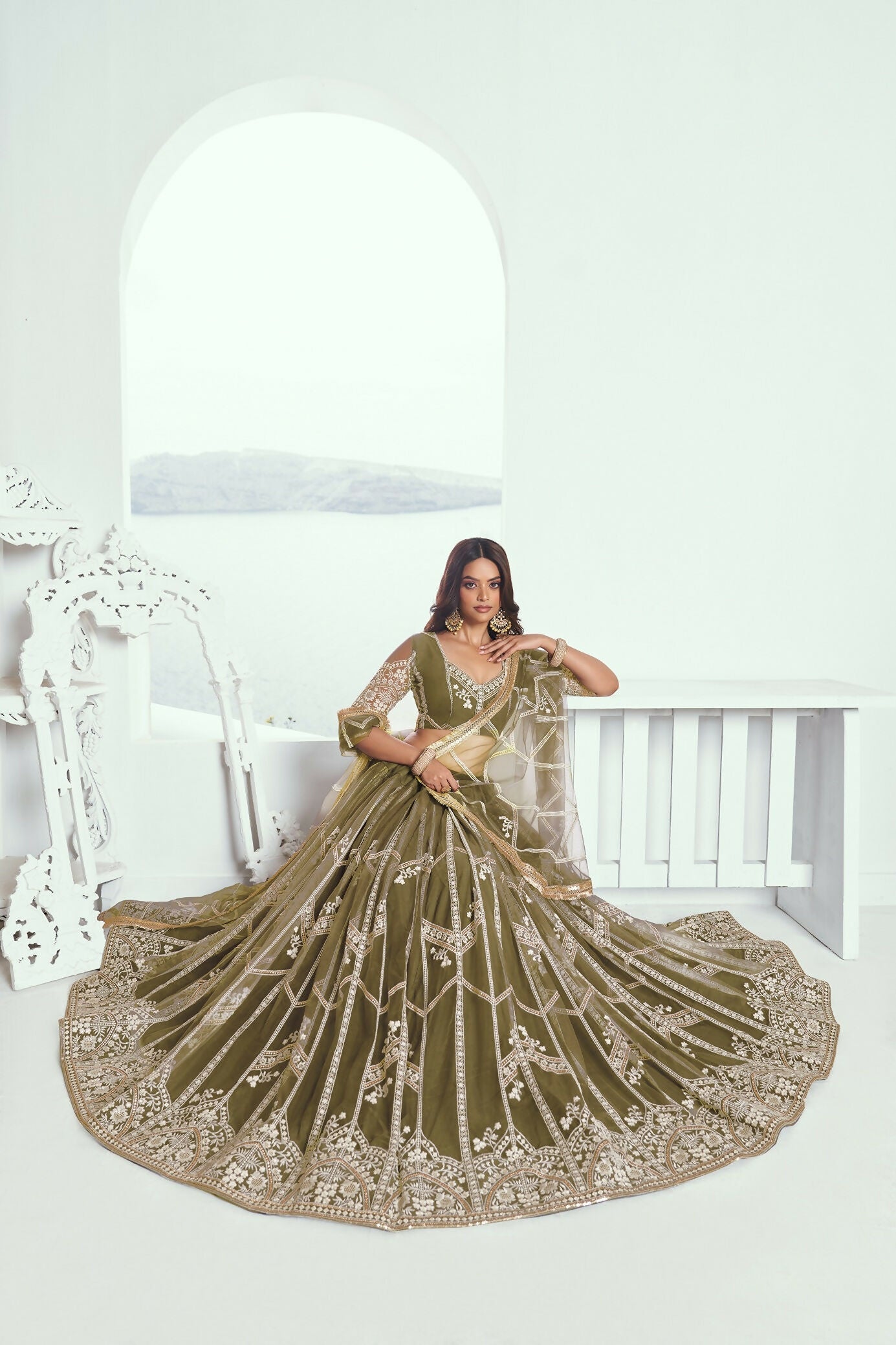 Eilara Adorable Olive Green Sequins Net Mehendi Wear Lehenga Choli | Grocsy