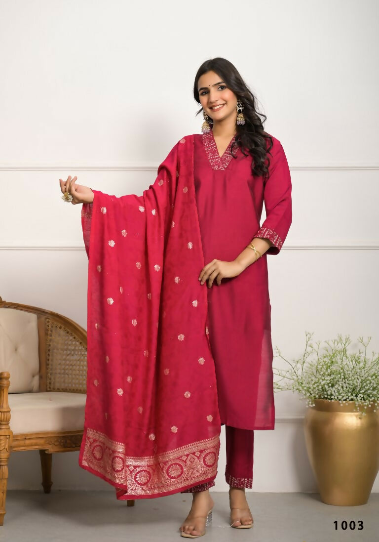 Festive Wear Ethnic Red Viscose chanderi Stitched Suit With Dupatta - Nisha | Grocsy