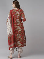 Yufta Women Maroon Floral Printed Regular Thread Work Pure Cotton Kurta with Palazzo & With Dupatta | Grocsy