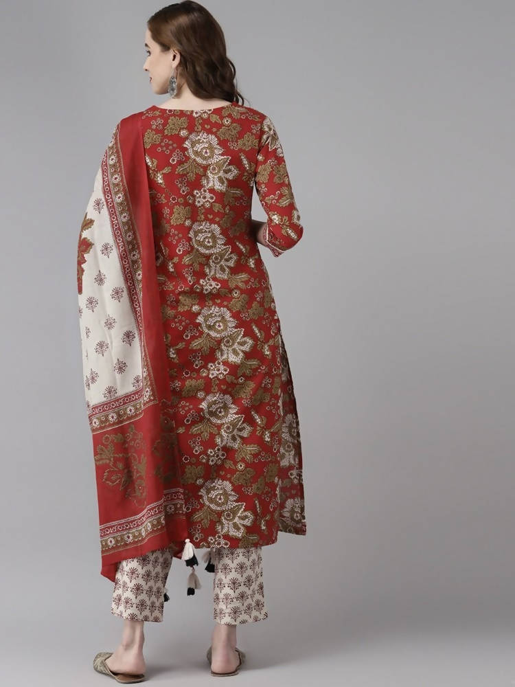 Yufta Women Maroon Floral Printed Regular Thread Work Pure Cotton Kurta with Palazzo & With Dupatta | Grocsy