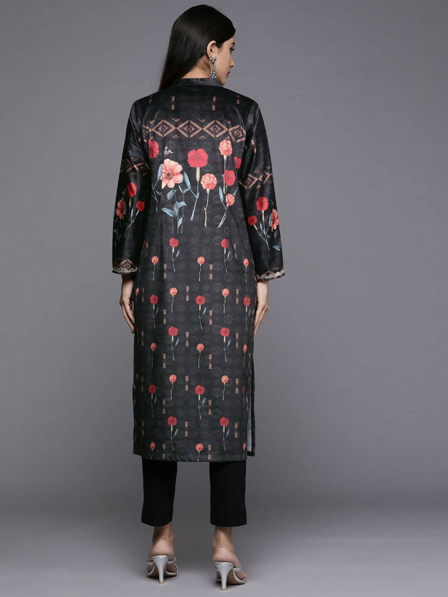 Ahalyaa Women Black & Red Floral Printed Gotta Patti Floral Velvet Kurta | Grocsy