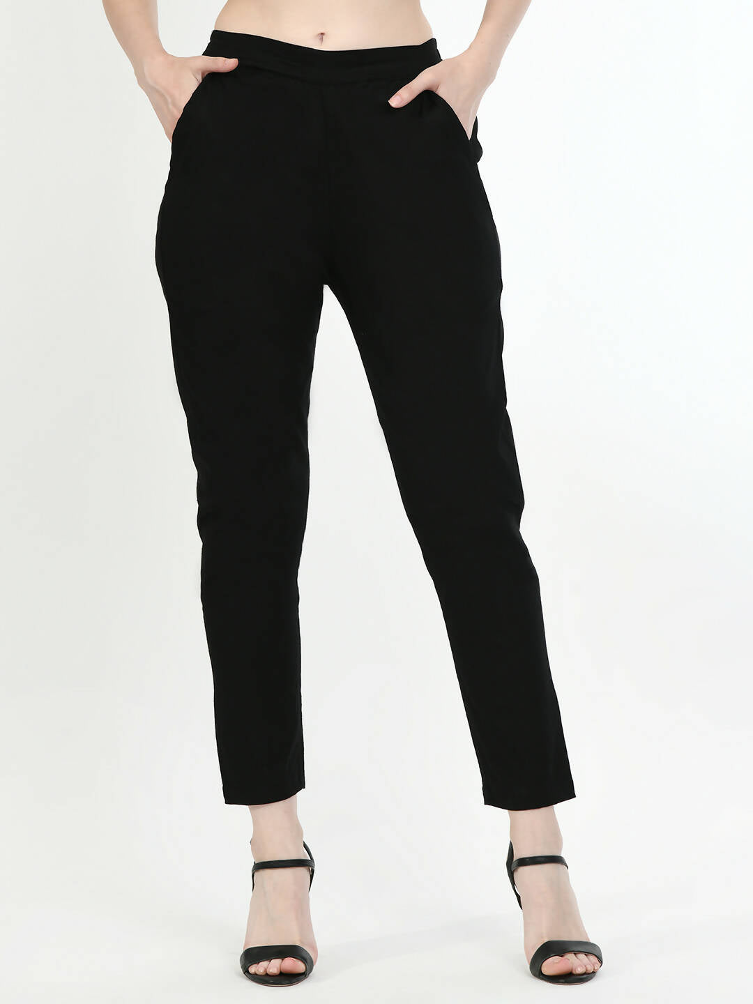 Women's Black Front Waist Band, Back Elasticated, With Pockets Pant - G & A Apparels | Grocsy