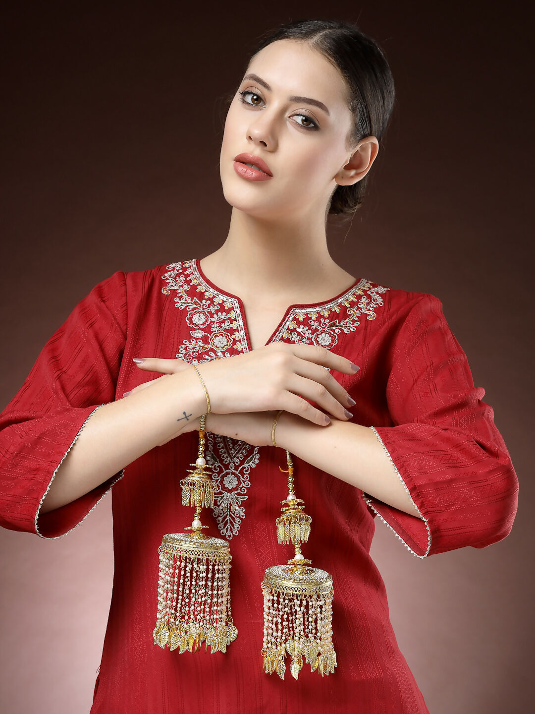 NVR Women's Pack Of 2 Gold-Polished Kundan Bridal Heavy Kaleera Sets | Grocsy