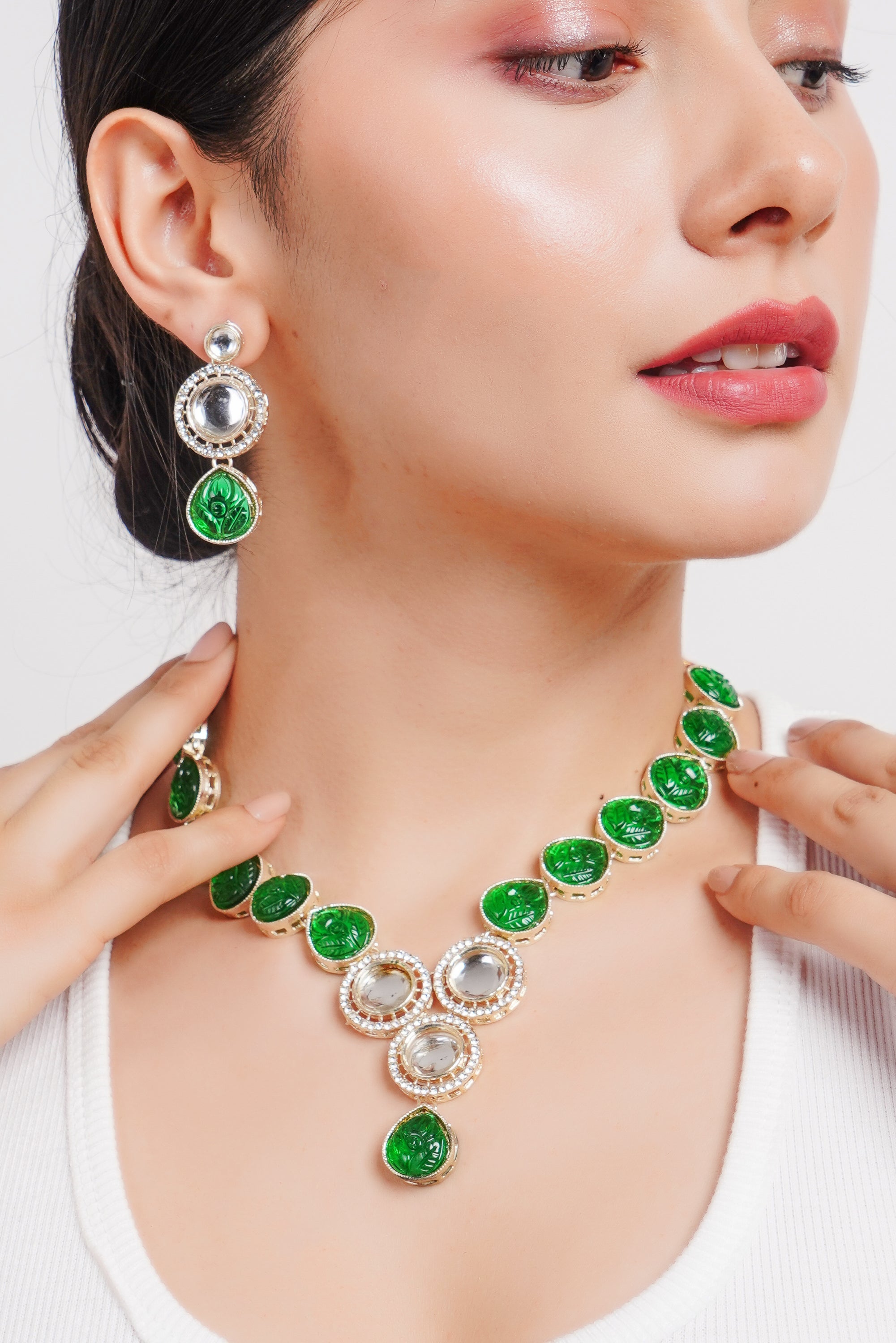 Divisha Alloy Gold-plated Green Jewellery Set | Grocsy