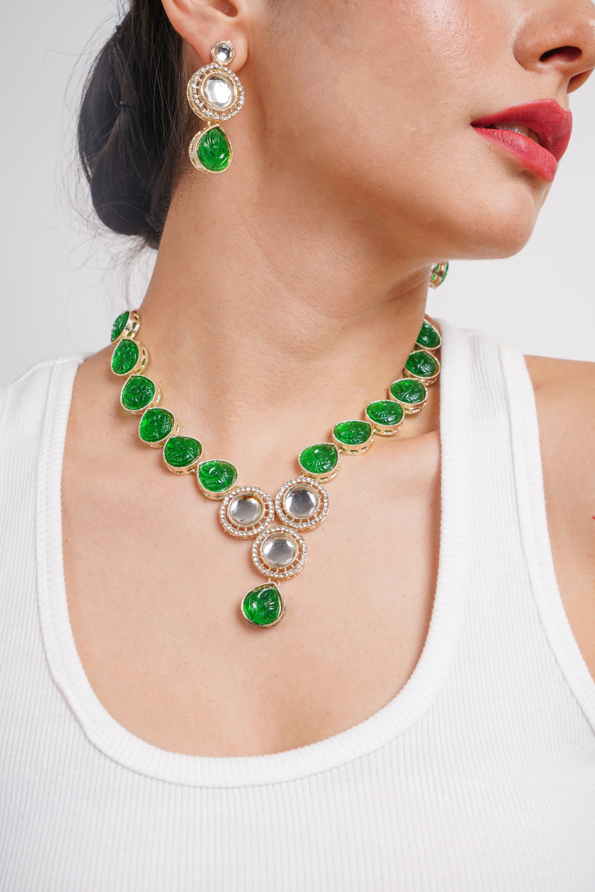 Divisha Alloy Gold-plated Green Jewellery Set | Grocsy