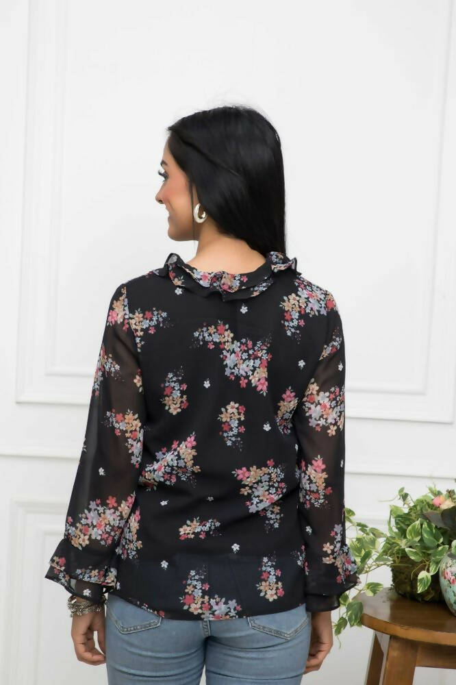 Myshka Women Black Floral V-Neck Regular Sleeves Synthetic Georgette Top | Grocsy