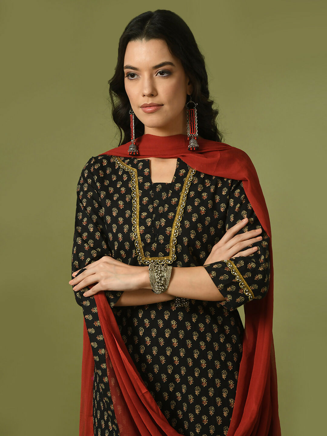 Myshka Women's Black Printed Cotton Straight Party Kurta Set With Dupatta | Grocsy