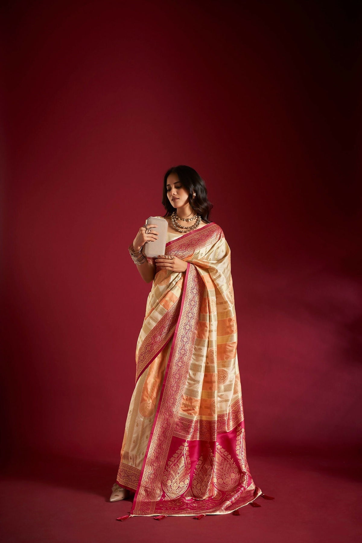 Joban Fashion Cream & Orange Plain With Weaving Border Banarasi Silk Sarees | Grocsy