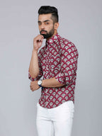 Miravan Men's Cotton Maroon Floral Printed Slim Fit Shirt | Grocsy