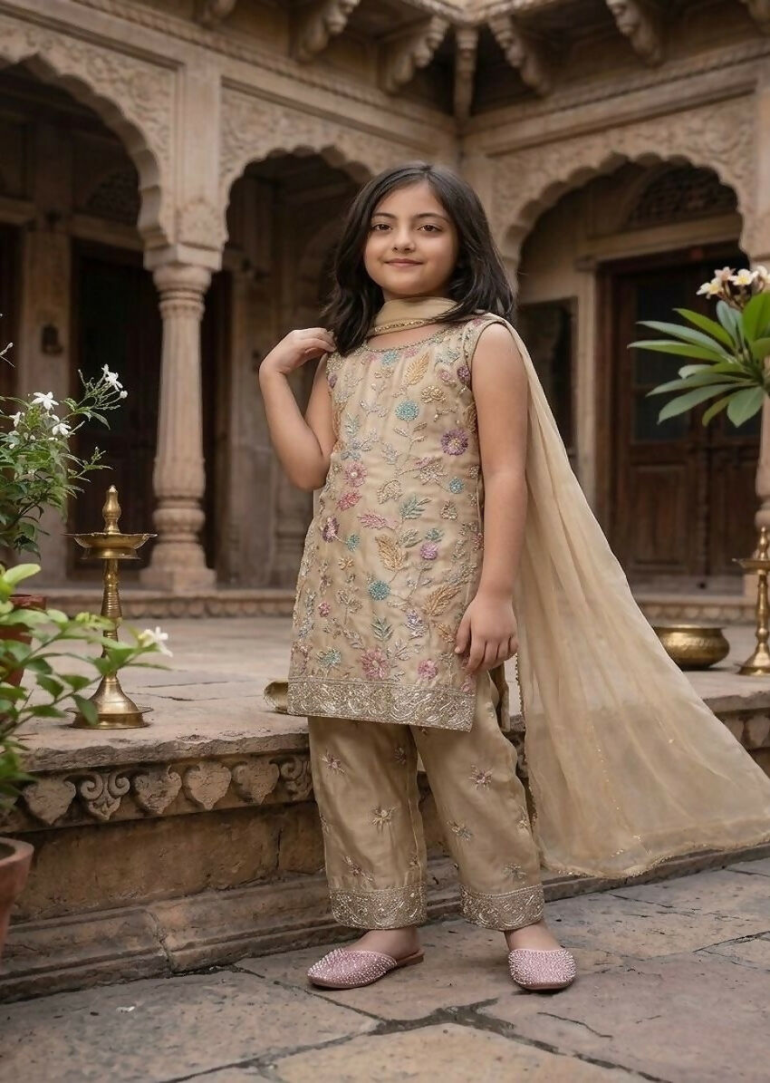Teeya Creation Trendy Stylish Kids Wear Heavy Embroidery Sequence Work Kurta Set -Beige | Grocsy