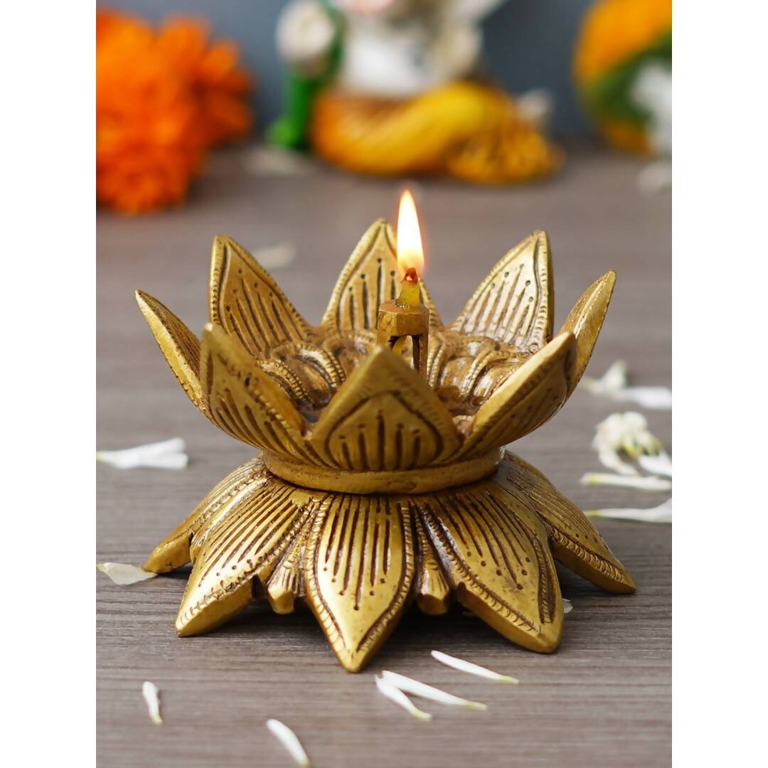 eCraftIndia Gold Toned Lotus Flower Designer Brass Diya | Grocsy