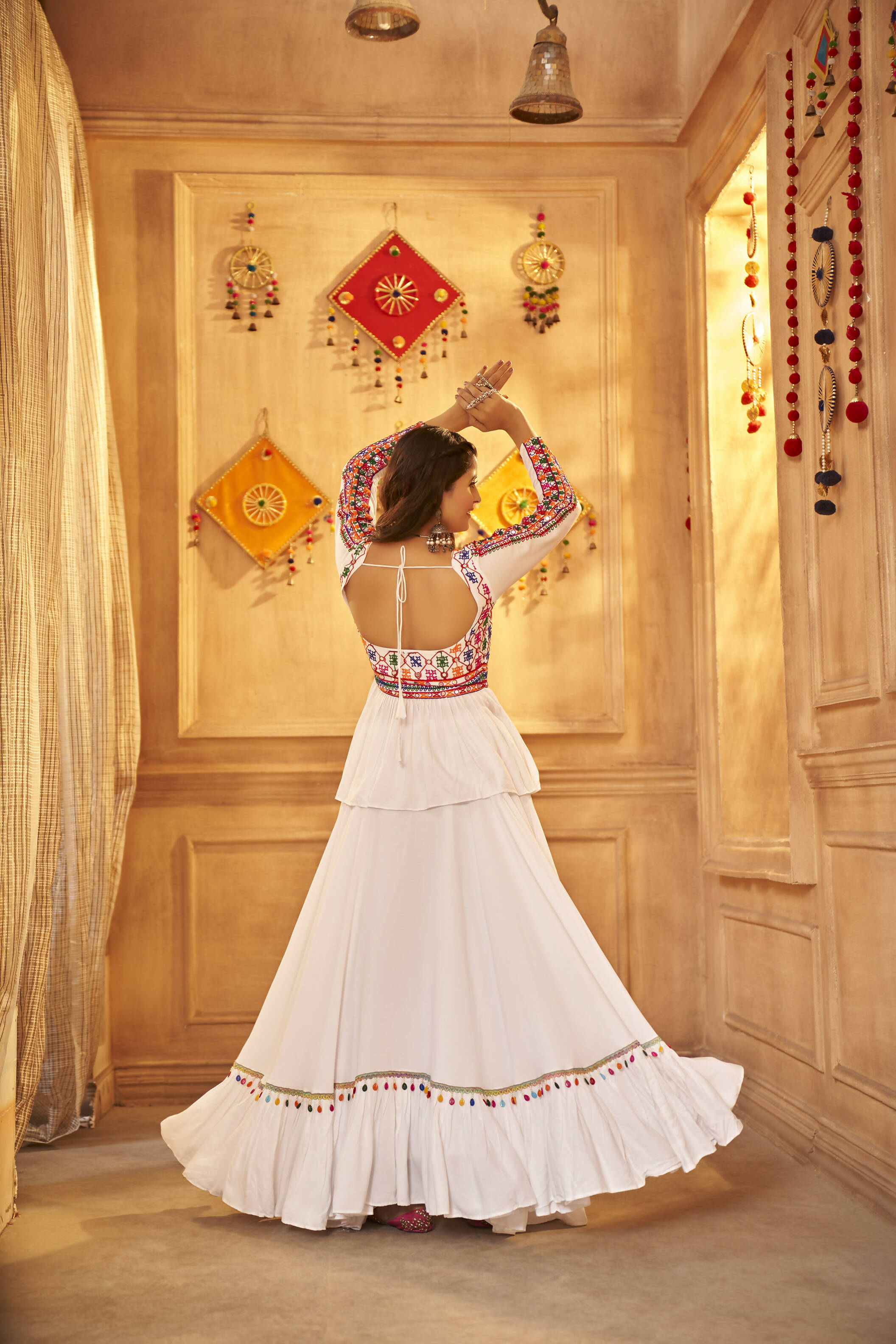 White Viscose Rayon Navratri Lehenga Choli With Dupatta - Raas | Grocsy