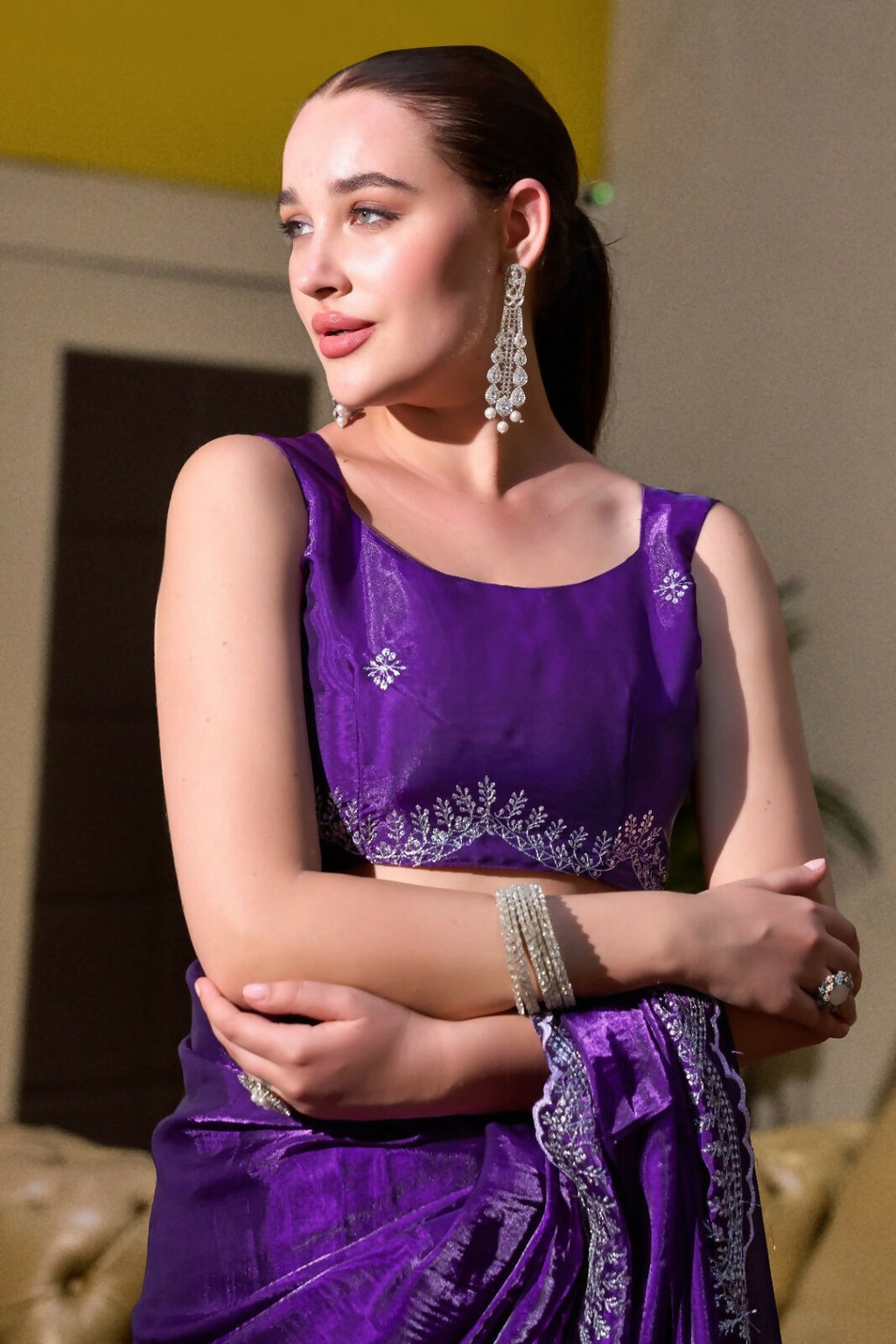 Vastranavya Purple-Blue Embroidery Work Shimmer Chiffon Saree with Unstitched Blouse | Grocsy