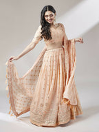 House of Panchhi Women Peach Pure Georgette Embroidered Lehenga & Blouse, Dupatta | Grocsy