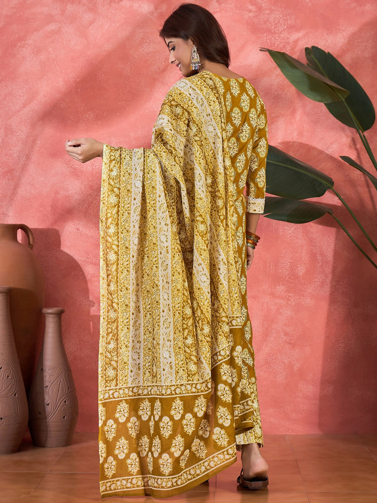 Joban Fashion Printed Mustard Pure Cotton Kurta Set | Grocsy