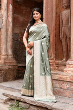 Joban Fashion Dusty Olive Banarasi Katan Pure Handloom Silk Saree | Grocsy