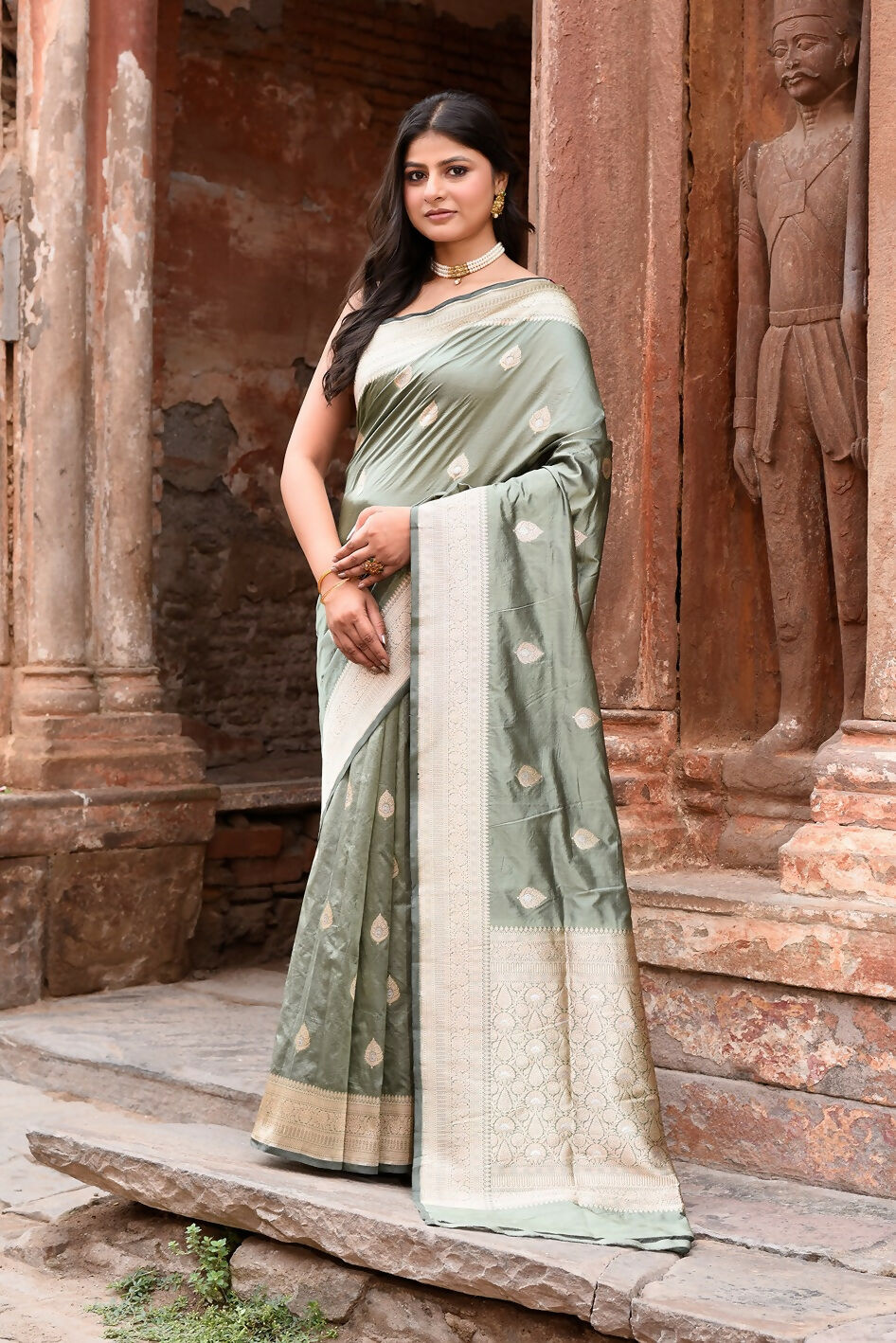 Joban Fashion Dusty Olive Banarasi Katan Pure Handloom Silk Saree | Grocsy