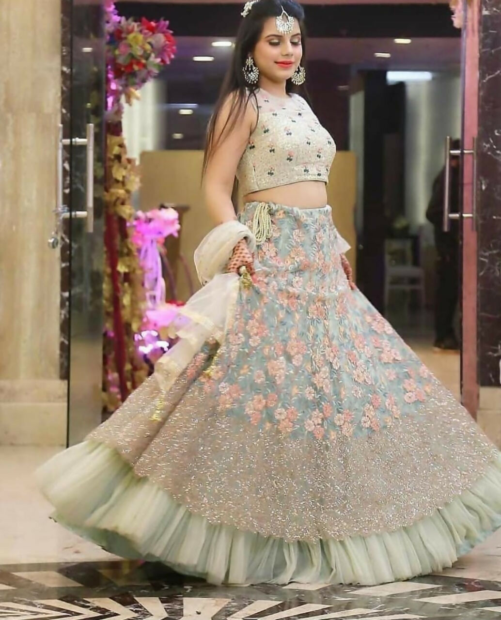 Jyoti Fashion Sea Green 3mm with Thread and Jari Embroidery Net Lehenga Choli with Dupatta | Grocsy