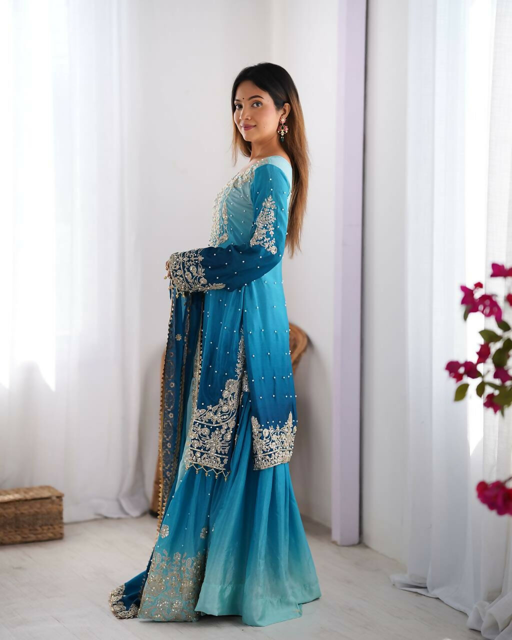 The52 Women's Beautiful Chinon silk Fabric Embroidery Work Straight Kurta Palazzo and Dupatta Set | Grocsy