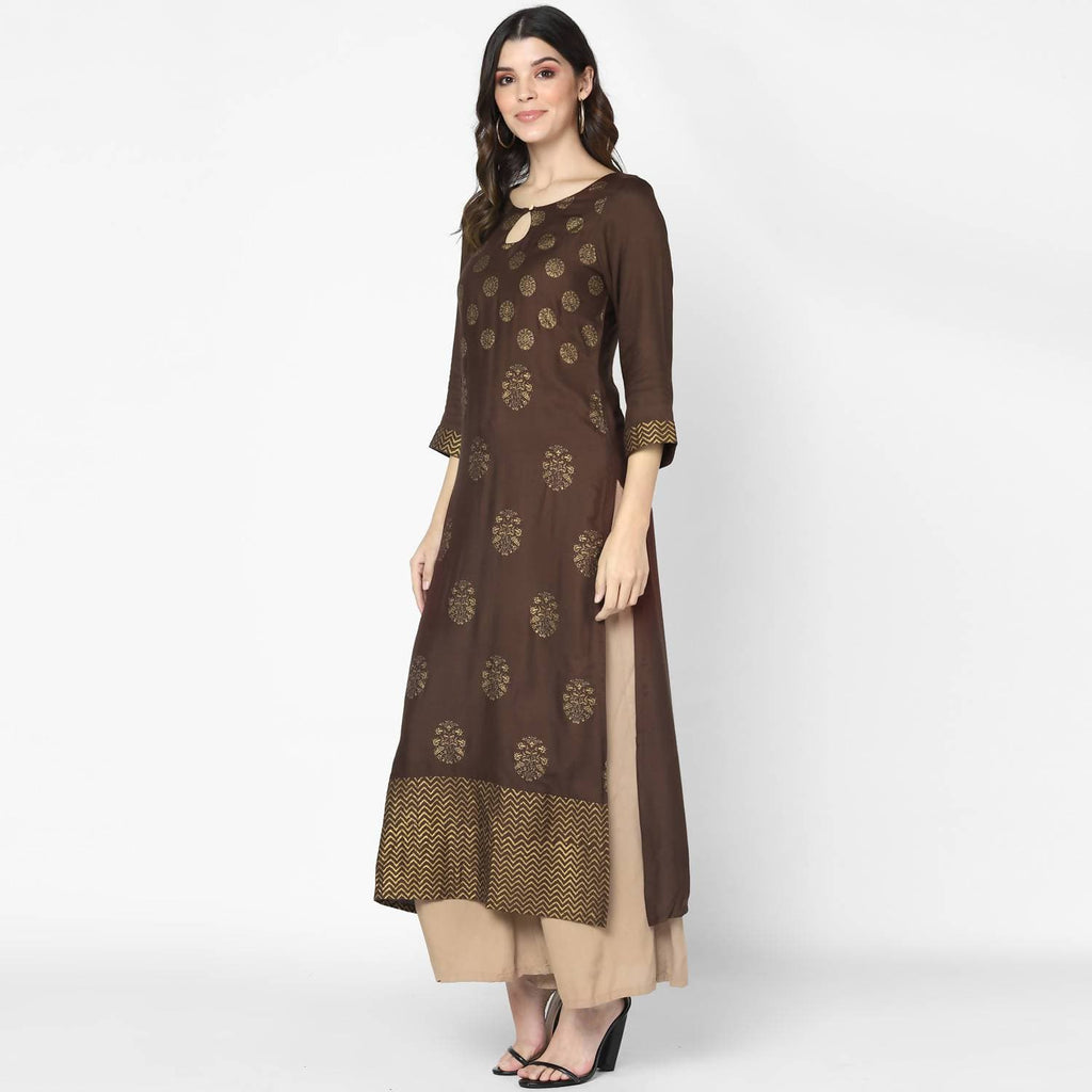 Cheera Hand Block Print Brown & Skin Color Straight Kurta With Palazzo (MAAI-081K) | Grocsy