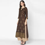 Cheera Hand Block Print Brown & Skin Color Straight Kurta With Palazzo (MAAI-081K) | Grocsy