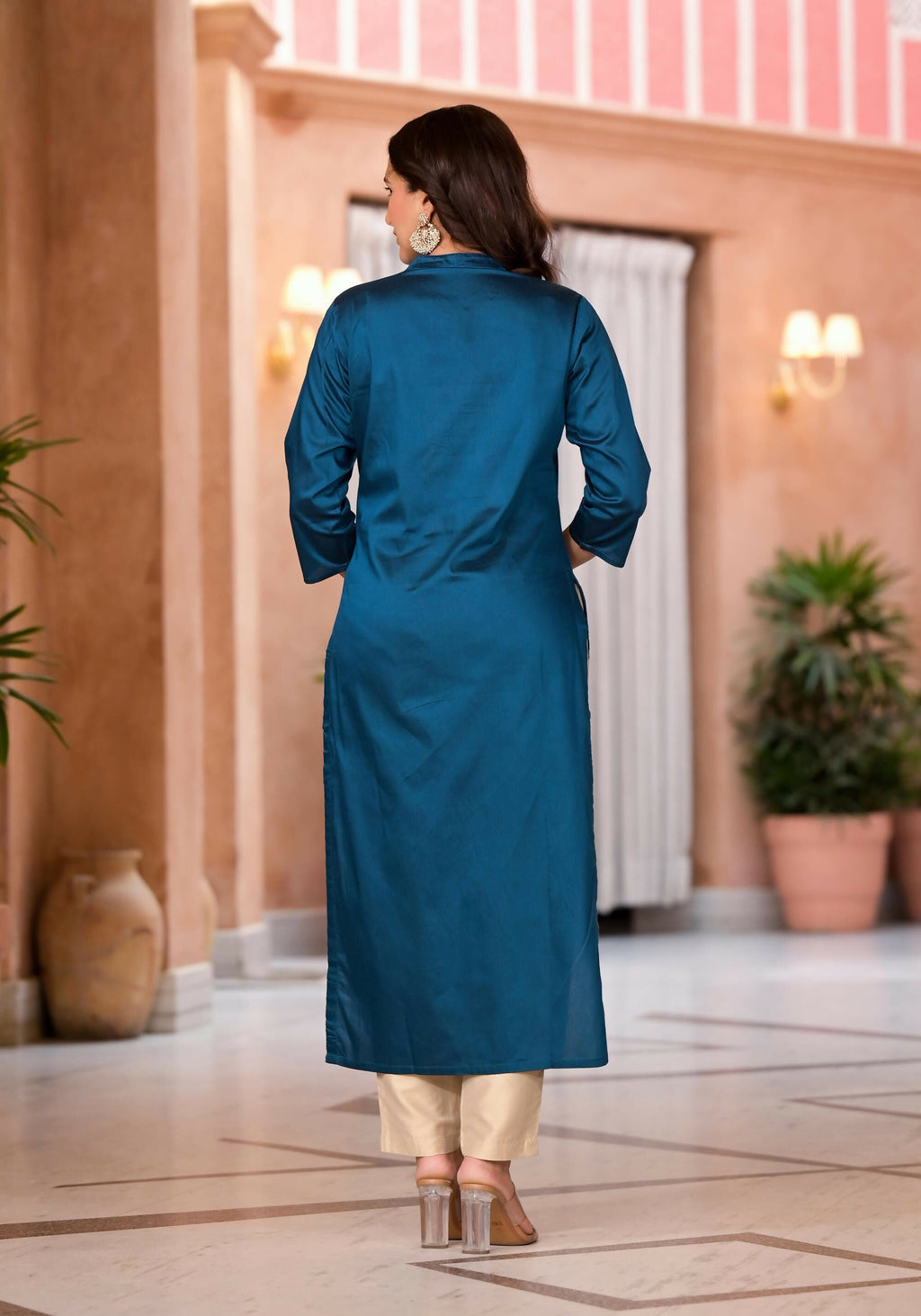 Juniper Women's Teal Ethnic Motif Printed Cotton Kurta & Pant Set | Grocsy
