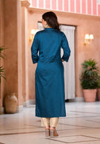Juniper Women's Teal Ethnic Motif Printed Cotton Kurta & Pant Set | Grocsy