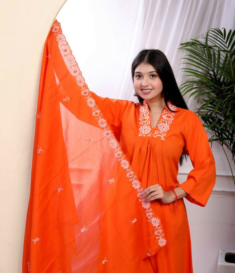 Miravan Women's Orange Cotton Embroidered A-Line Kurta And Palazzo With Dupatta Set | Grocsy