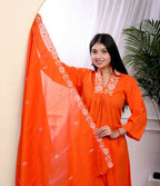 Miravan Women's Orange Cotton Embroidered A-Line Kurta And Palazzo With Dupatta Set | Grocsy