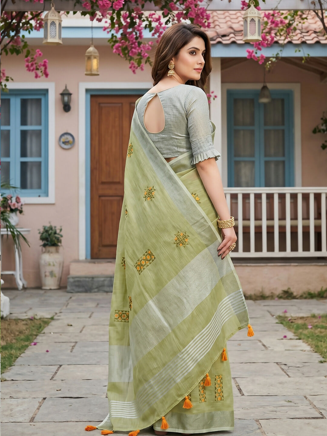 Shree Shyam Fashion Pista Green Linen Saree | Grocsy