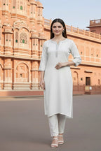SRS Fashion White Embroidered Rayon Straight Kurta Set | Grocsy