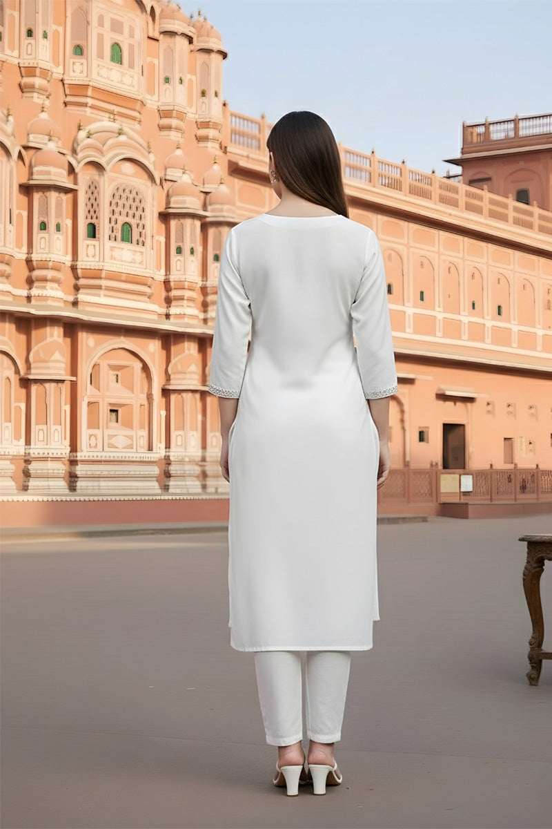 SRS Fashion White Embroidered Rayon Straight Kurta Set | Grocsy