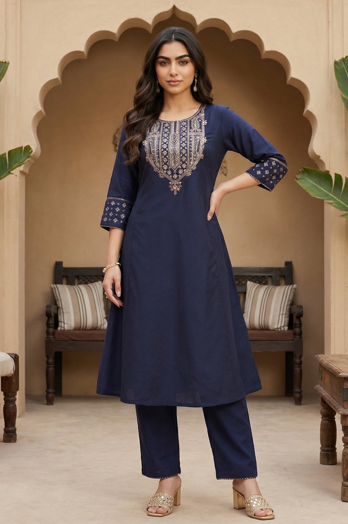 W for Woman Navy Blue Embroidered Straight Kurta | Grocsy