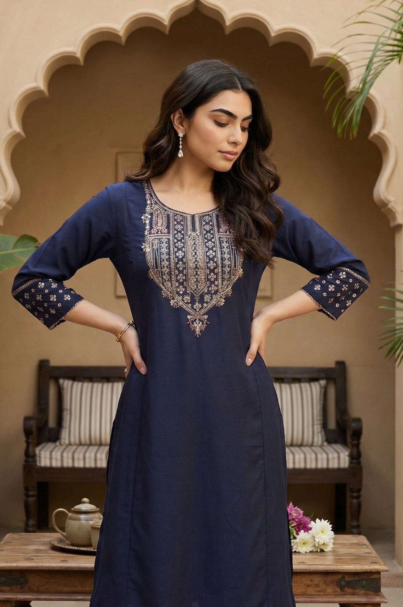 W for Woman Navy Blue Embroidered Straight Kurta | Grocsy