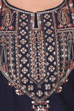 W for Woman Navy Blue Embroidered Straight Kurta | Grocsy